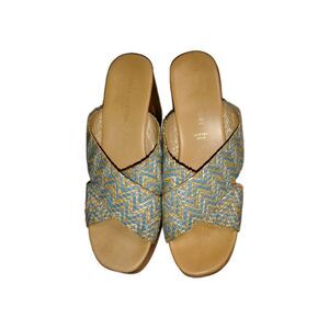 ILLARIA SARTORI  Woven Clog Sandals  Wooden Heels Size 41 Euro 9.5 US Blue Gold.